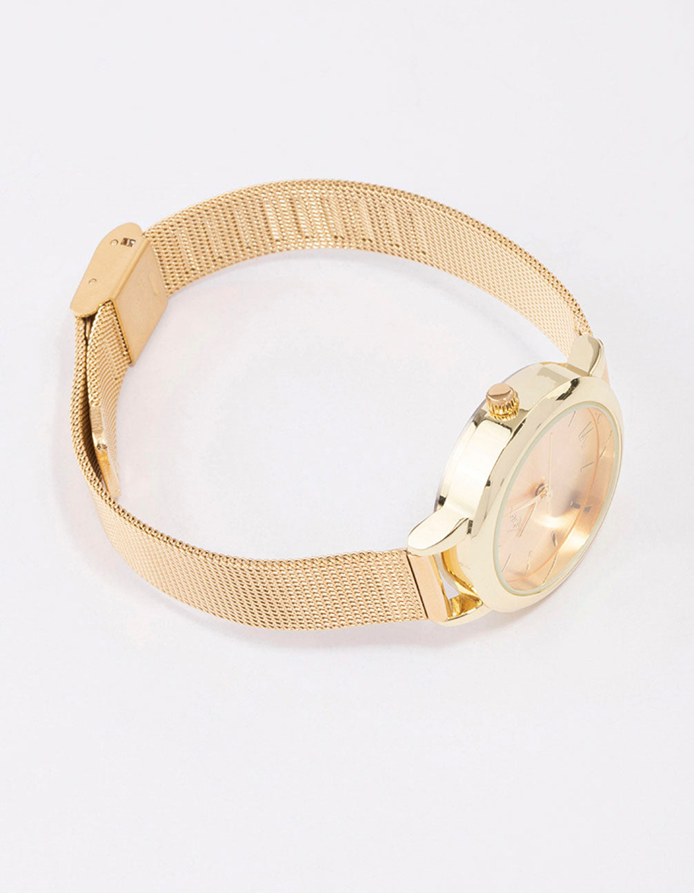 Explore this small simple mesh watch featuring roman dial look, round shape, analog design, and casual styling for women front view