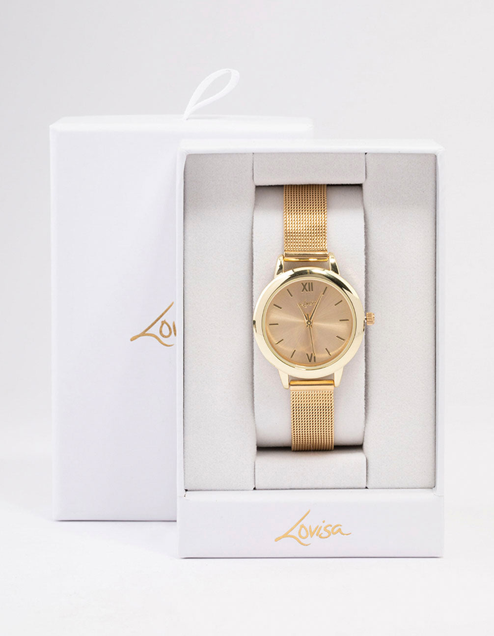Shop this small simple mesh watch in gold with roman dial look, round shape, analog design, and casual styling for women case detail view