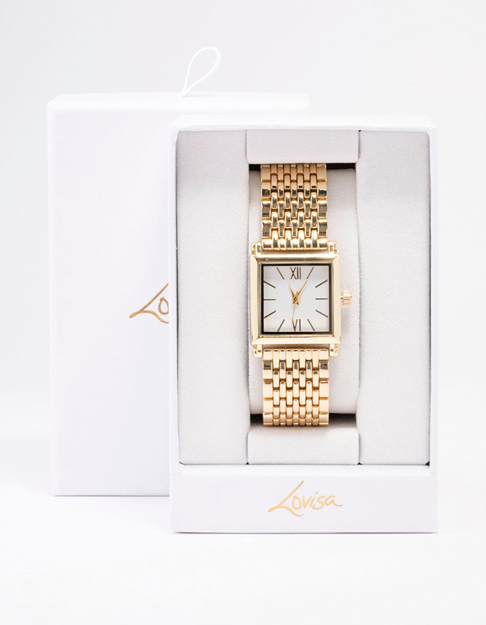 Beautifully crafted women's formal analog watch with white dial featuring roman numerals and square shape paired with link-band strap in gold in case detail view