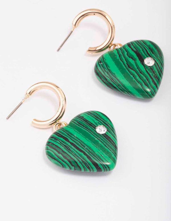Gold Heart Diamante Drop Hoop Earrings
