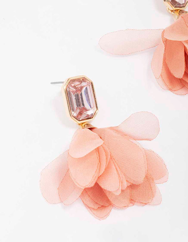 Gold Diamante Floral Fabric Drop Earrings