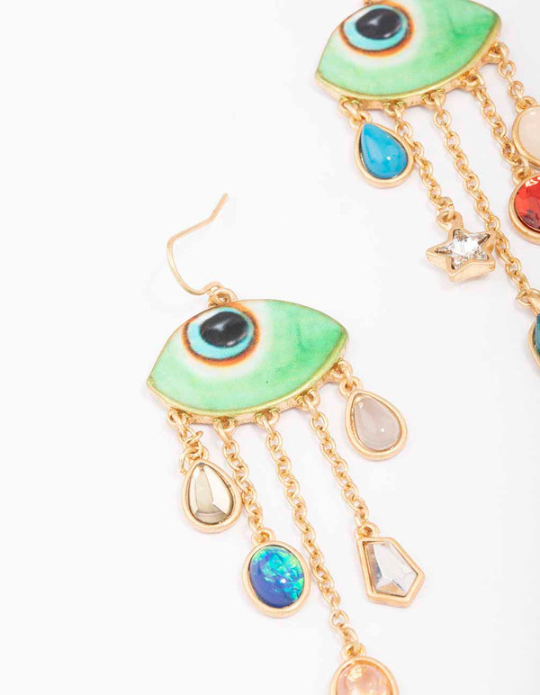 Gold Evil Eye Charm Drop Earrings
