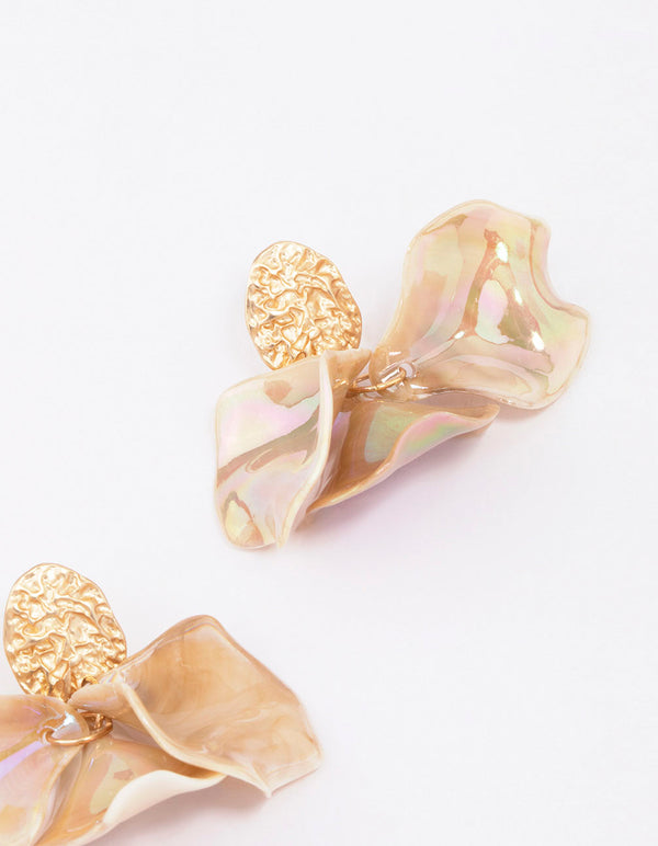 Gold Textured Petal Leaves Drop Earrings