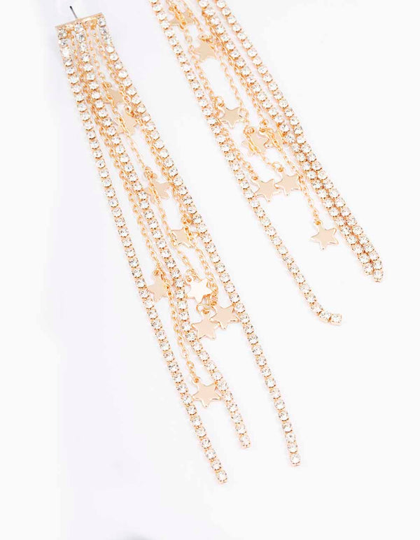 Gold Diamante Cup Chain Star Drop Earrings