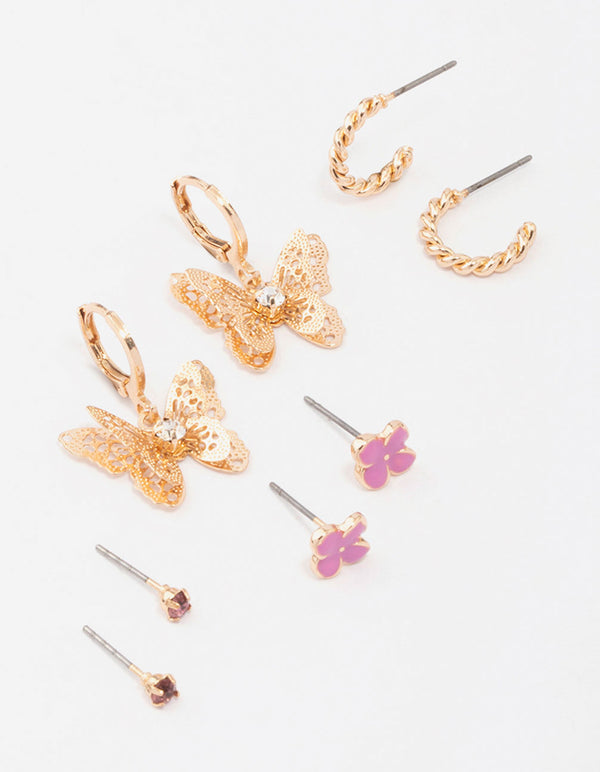 Gold Butterfly Hoop & Stud Earring 4-Pack