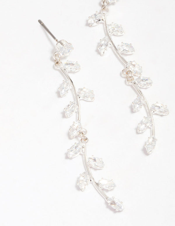 Silver Plated Long Swirling Cubic Zirconia Vine Drop Earrings