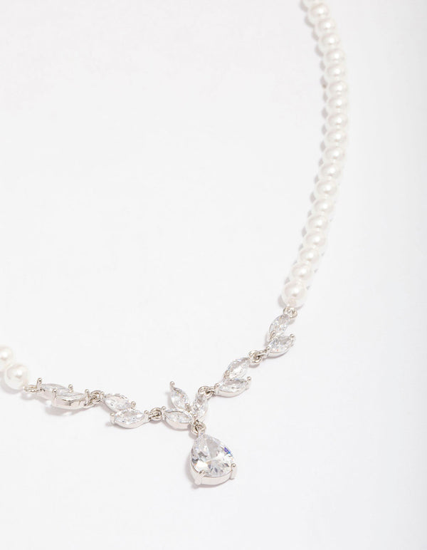 Silver Plated Pearl Strand Cubic Zirconia Vine Necklace