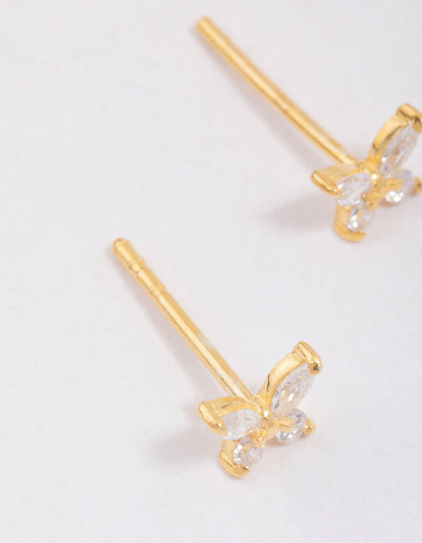 Gold Plated Sterling Silver Cubic Zirconia Butterfly Stud Earrings
