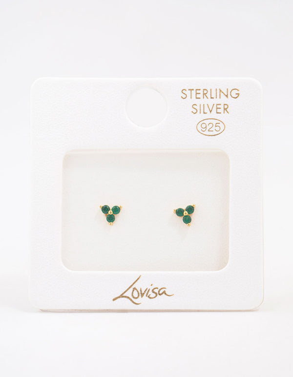 Gold Plated Sterling Silver Emerald Cubic Zirconia Trio Stud Earrings