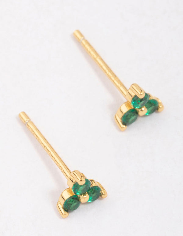 Gold Plated Sterling Silver Emerald Cubic Zirconia Trio Stud Earrings