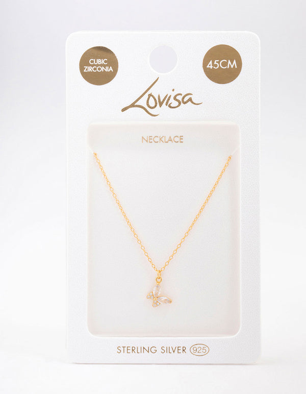Gold Plated Sterling Silver Cubic Zirconia Butterfly & Angel Pendant Necklace