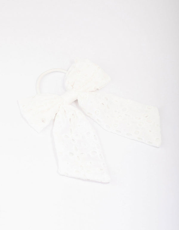 White Embroidered Bow Hair Scrunchie