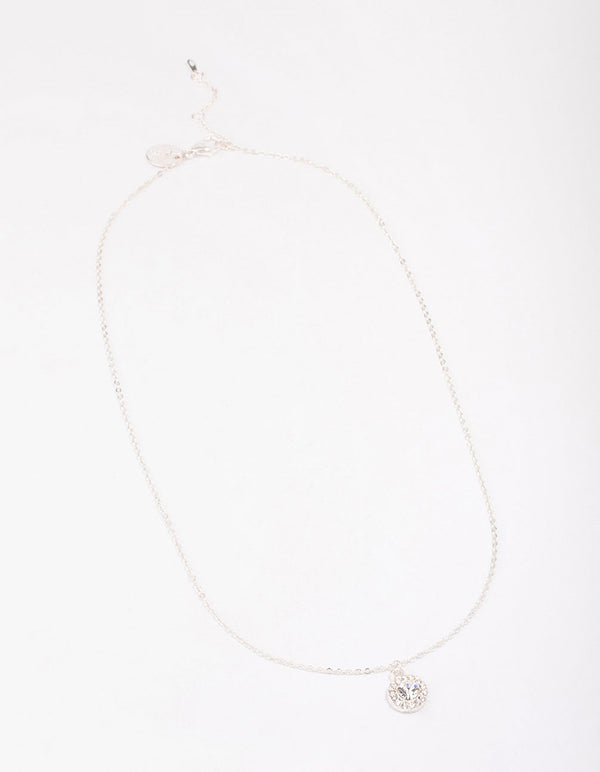 Silver Pear Crystal Halo Pendant Necklace