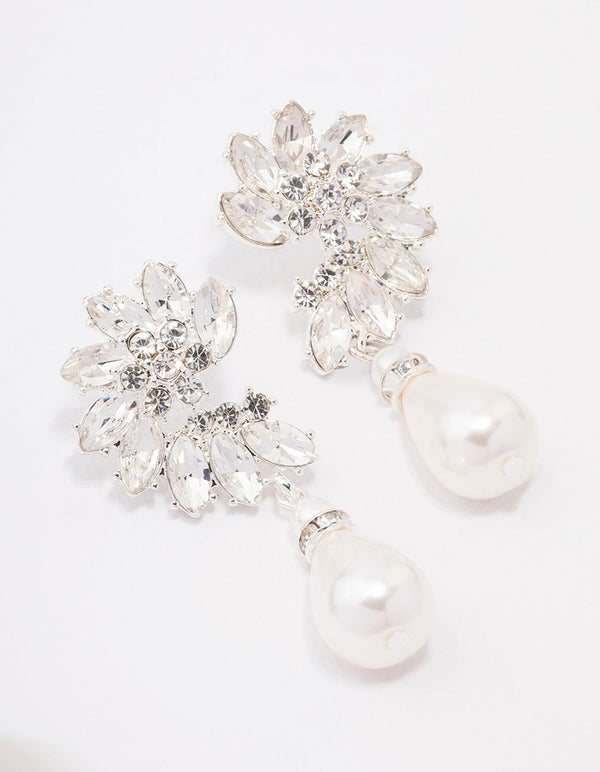 Silver Diamante & Pearl Drop Earrings