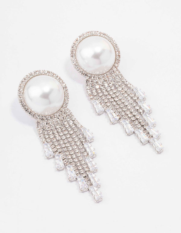 Rhodium Oversized Pearl Cupchain Diamante Earrings