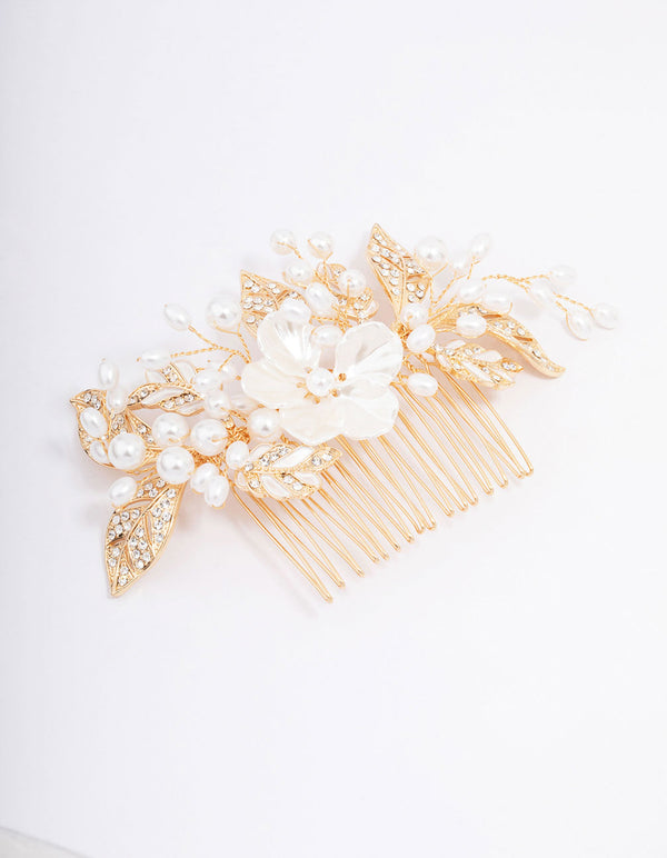Gold Pearl Flower Vine Hair Comb