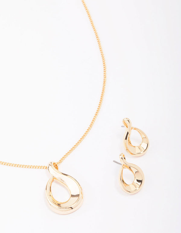 Gold Twisted Ova Necklace & Earring Jewellery Set