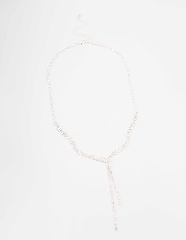 Silver Fine Ribbon Cubic Zirconia Lariat Necklace