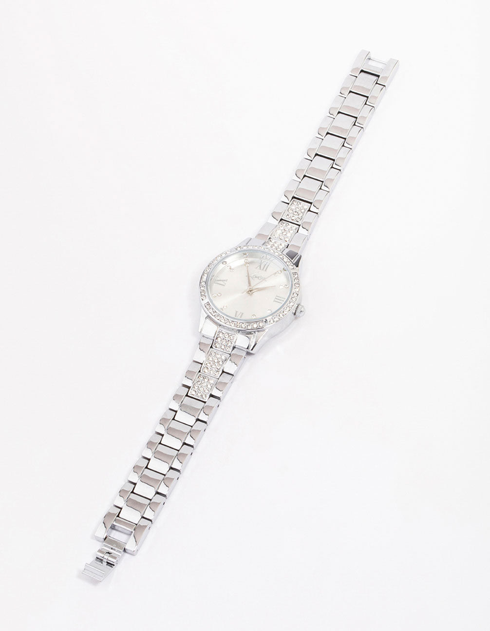Discover this diamante detailed link watch featuring roman numbers, silver tone dial, round shape, formal occasion, women's analog timepiece with link-band strap front view