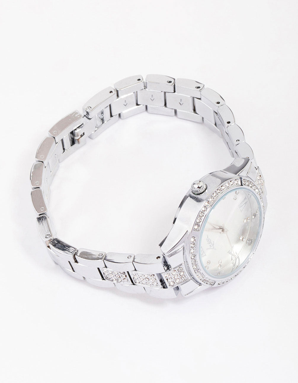 Discover this diamante detailed link watch featuring roman numbers, silver tone dial, round shape, formal occasion, women's analog timepiece with link-band strap front view