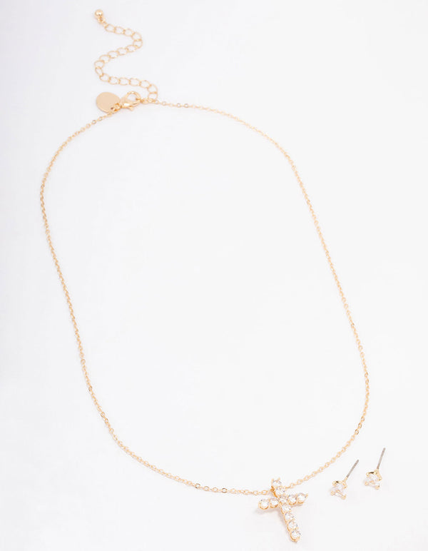 Gold Large Round Cubic Zirconia Cross Jewellery Set