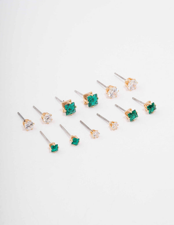 Gold Mixed Emerald Cubic Zirconia Stud Earring 6-Pack