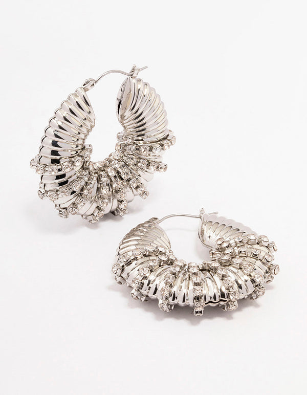 Silver Diamante Wrapped Chubby Hoop Earrings