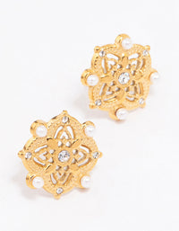 Gold Plated Stainless Steel Diamante & Pearl Boho Stud Earrings - link has visual effect only