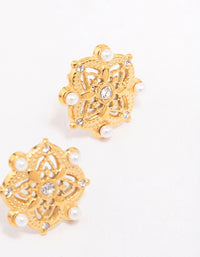 Gold Plated Stainless Steel Diamante & Pearl Boho Stud Earrings - link has visual effect only