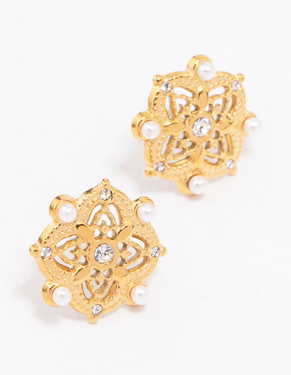 Gold Plated Stainless Steel Diamante & Pearl Boho Stud Earrings