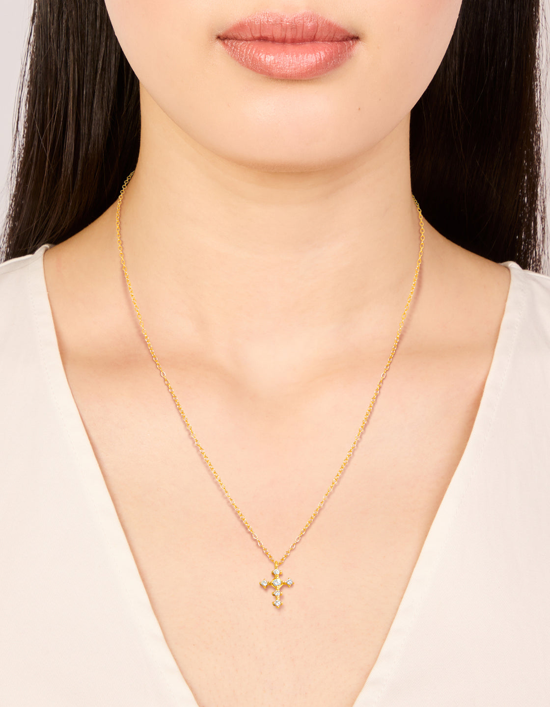 Gold Plated Sterling Silver Cubic Zirconia Round Cross Chain Necklace