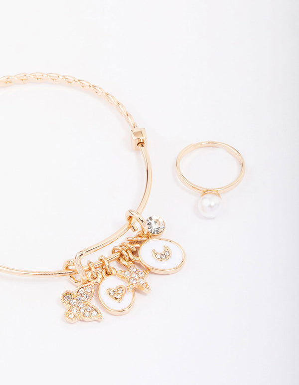 Kids Rose Gold Twisted Charm Bracelet & Ring Jewellery Set