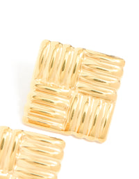 Waterproof Gold Plated Stainless Steel Square Ribbed Stud Earrings - link has visual effect only