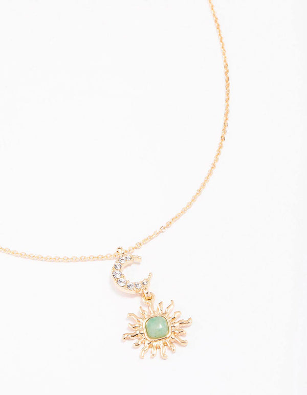 Gold Moon & Sun Semi-Precious Pendant Necklace