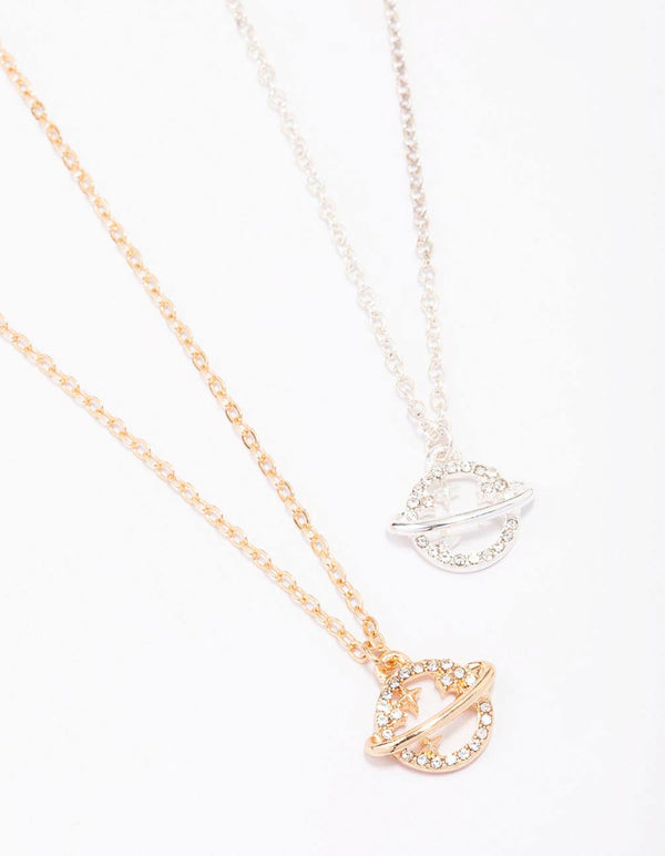 Gold & Silver Two-Tone Diamante Planet Necklace Pack