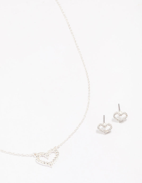 Silver Open Diamante Heart Jewellery Set