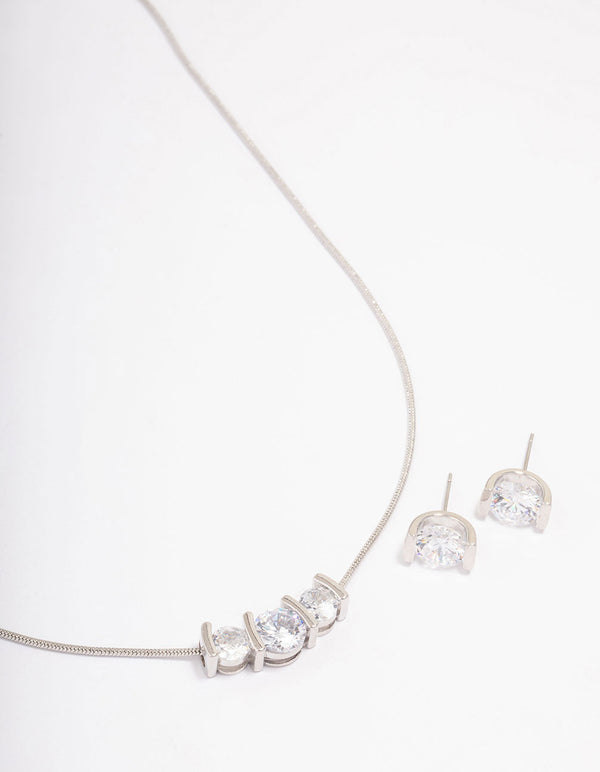 Rhodium Triple Diamante Necklace & Earring Jewellery Set