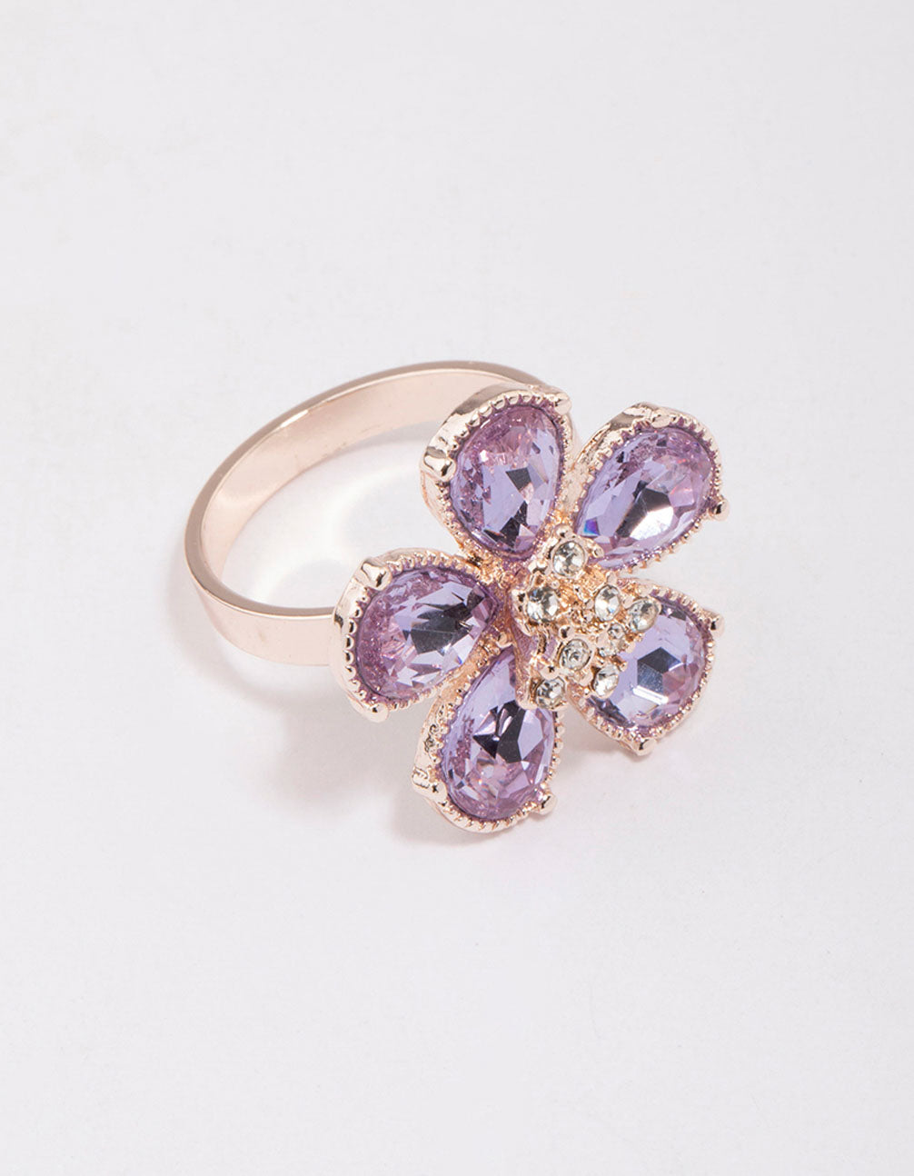 Elegant rose gold lilac flower petal ring side detail view
