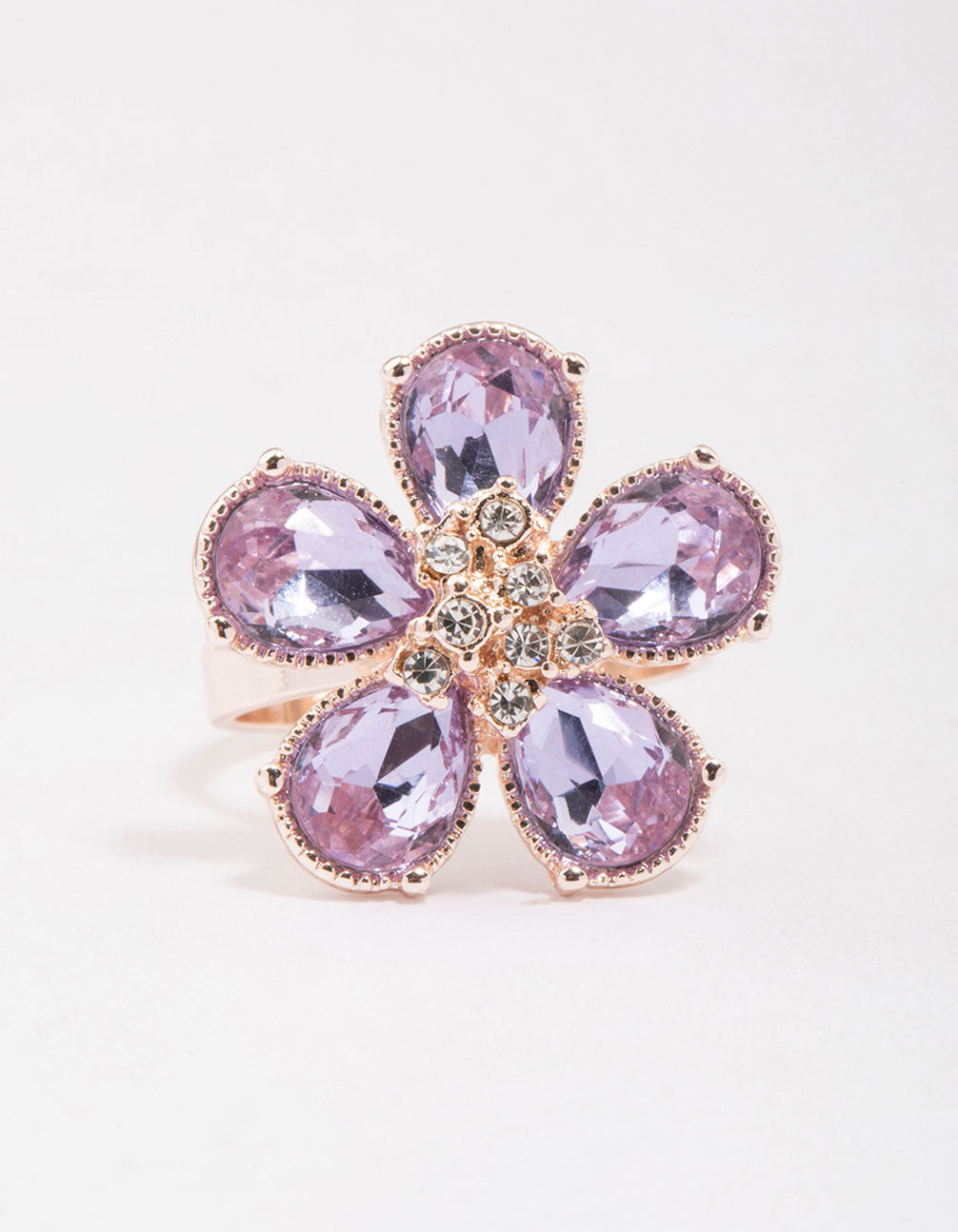 Beautifully crafted rose gold lilac flower petal ring design close up view
