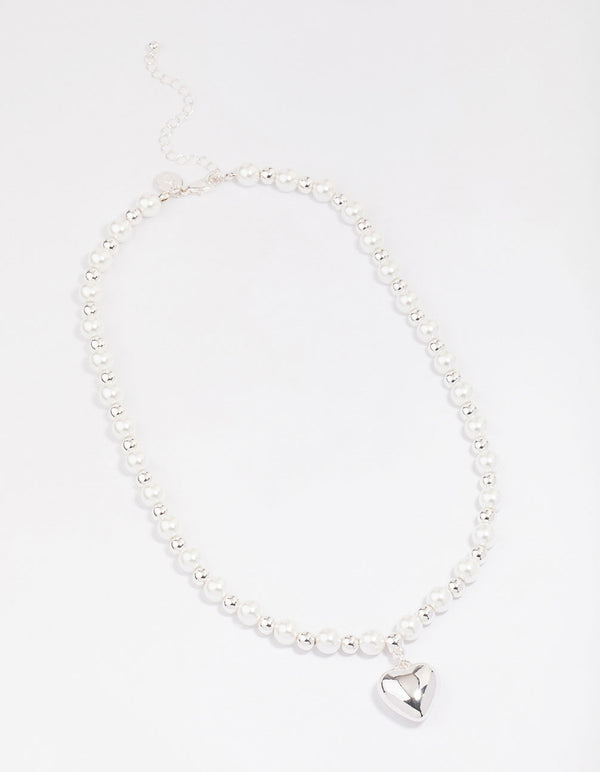 Silver Pearl Heart Chain Necklace