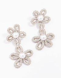 Silver Double Flower Pearl Drop Earrings - link has visual effect only