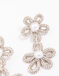 Silver Double Flower Pearl Drop Earrings - link has visual effect only