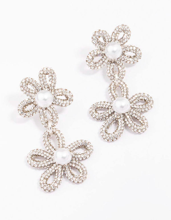 Silver Double Flower Pearl Drop Earrings