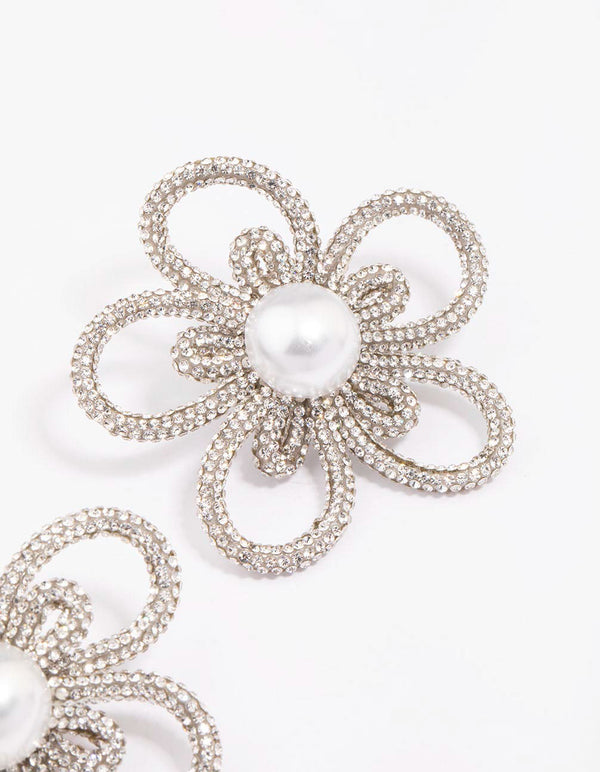 Silver Pearl Flower Statement Stud Earrings