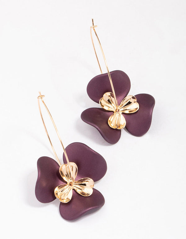 Gold & Brown Large Flower Wire Hoop Earrings