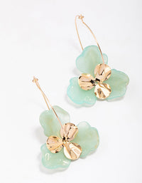 Gold & Green Large Flower Wire Hoop Earrings - link has visual effect only