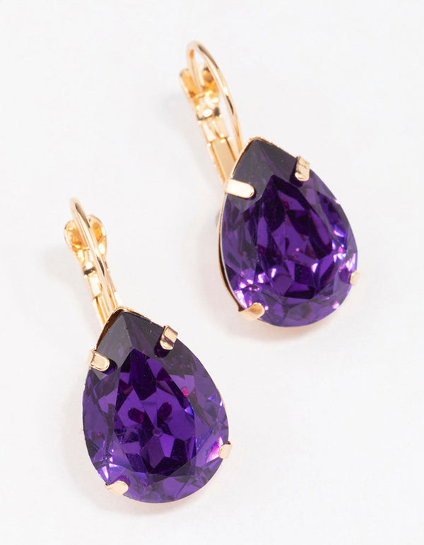 Gold Purple Pear Crystal Drop Earrings
