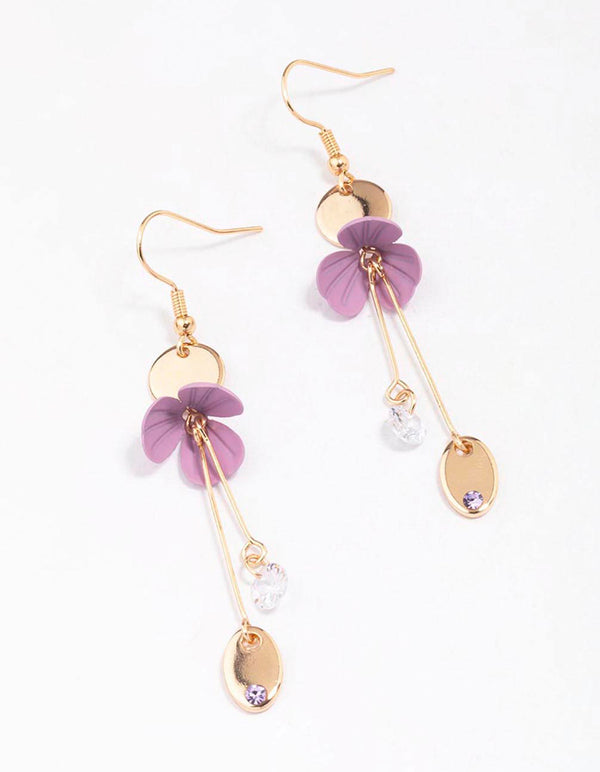 Gold Diamante Disc Flower Drop Earrings