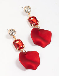 Gold Rectangular Diamante Red Petal Drop Earrings - link has visual effect only