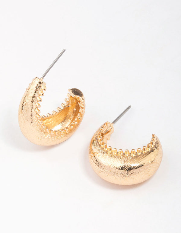 Gold Cross Hatched Curved Huggie Hoop Earrings
